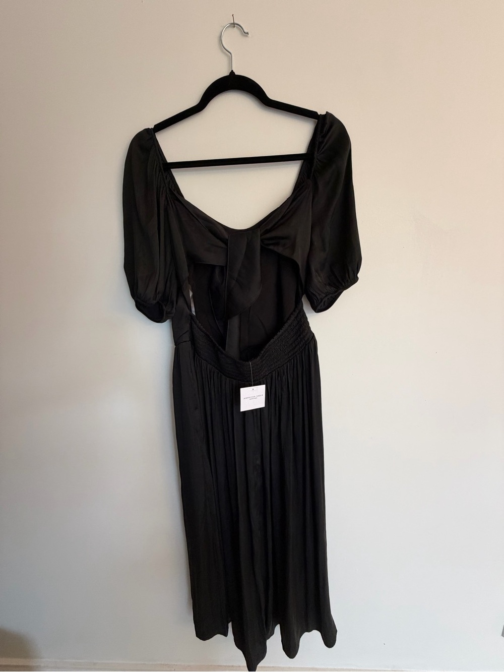 American Eagle Black Puff Sleeve Open Back Midi Dress NWT L - Picture 7 of 10
